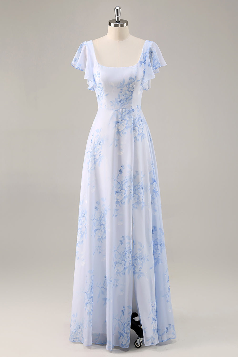 Leely Women Blue Floral Maxi Bridesmaid Dress with Slit Scoop Neck Ruffled Chiffon A Line Wedding Guest Dress with Sleeves