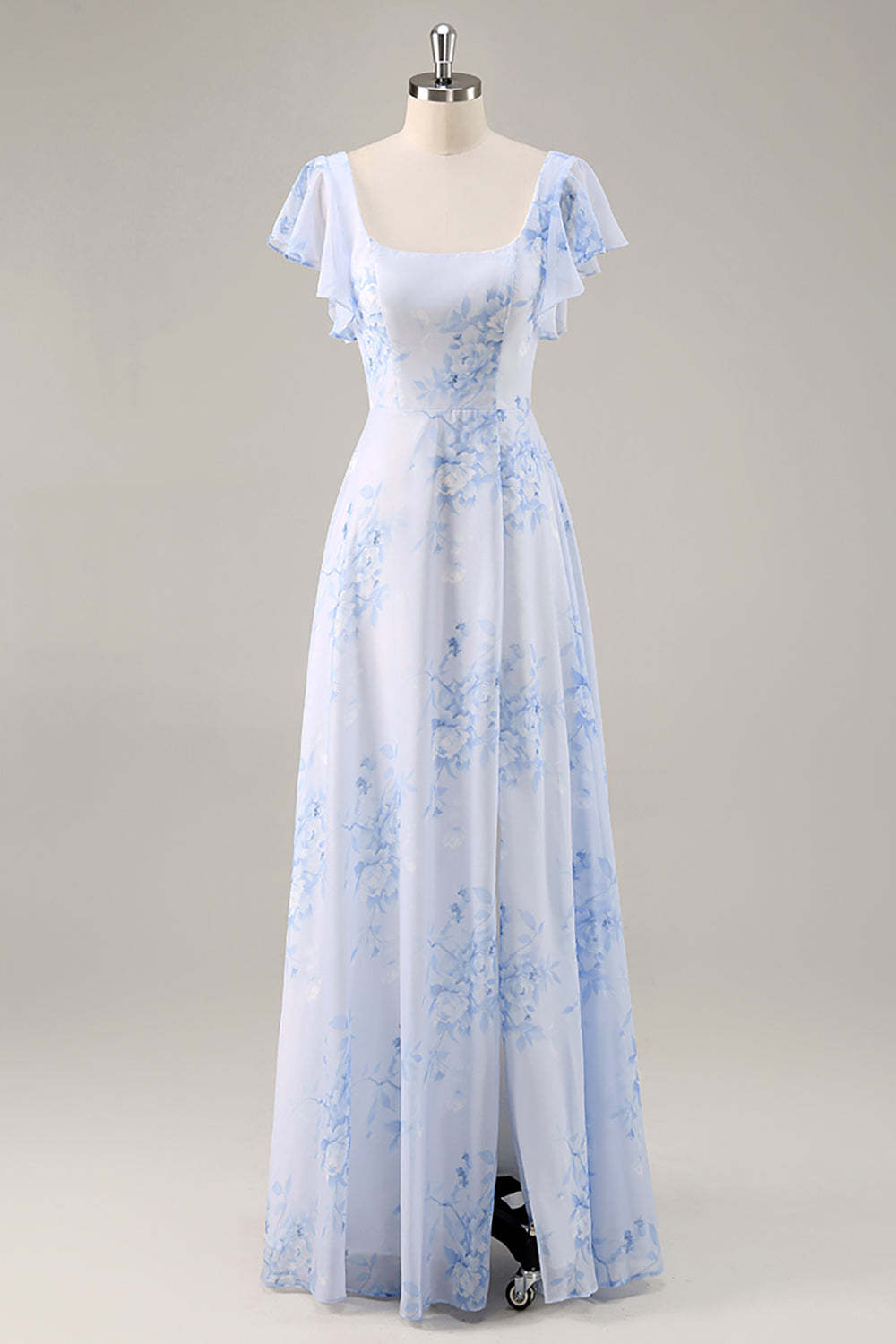 Leely Women Blue Floral Maxi Bridesmaid Dress with Slit Scoop Neck Ruffled Chiffon A Line Wedding Guest Dress with Sleeves