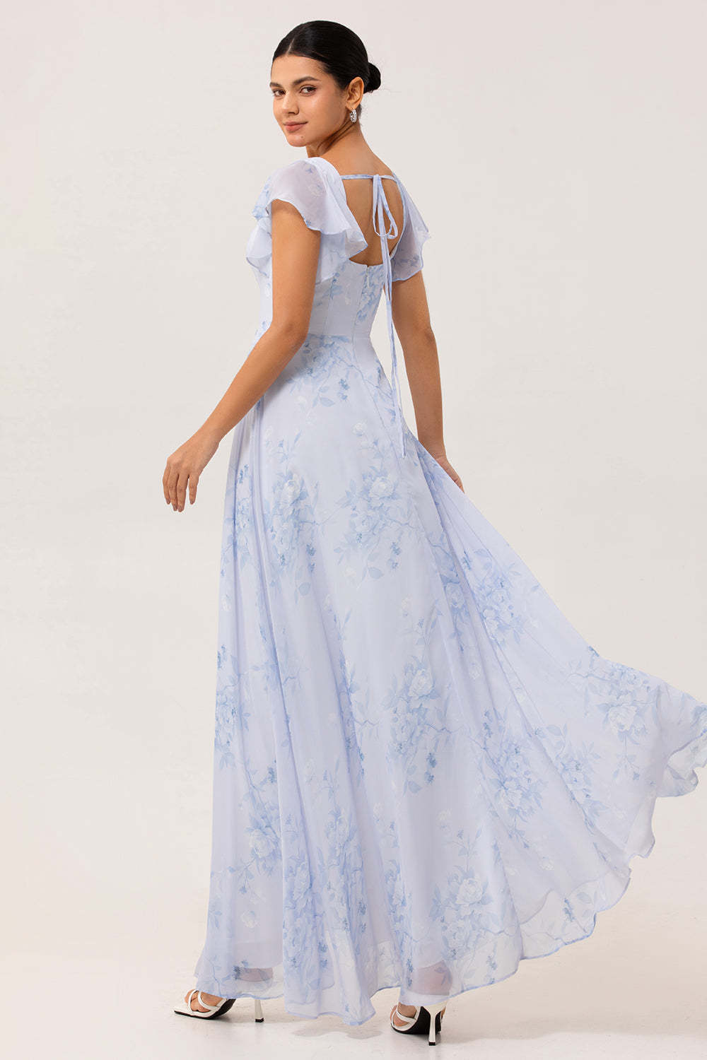 Blue Floral Chiffon Ruffled Square Neck Maxi Bridesmaid Dress with Slit