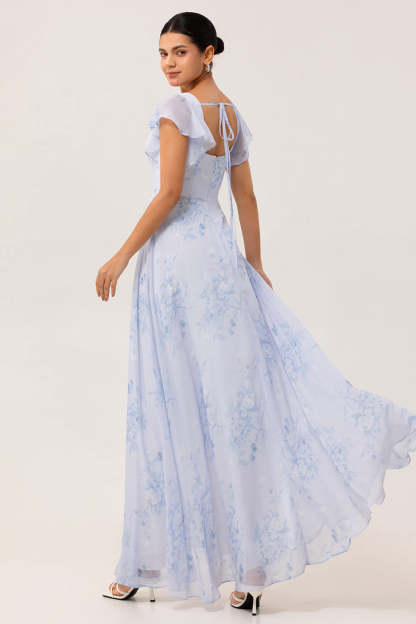 Blue Floral Chiffon Ruffled Square Neck Maxi Bridesmaid Dress with Slit