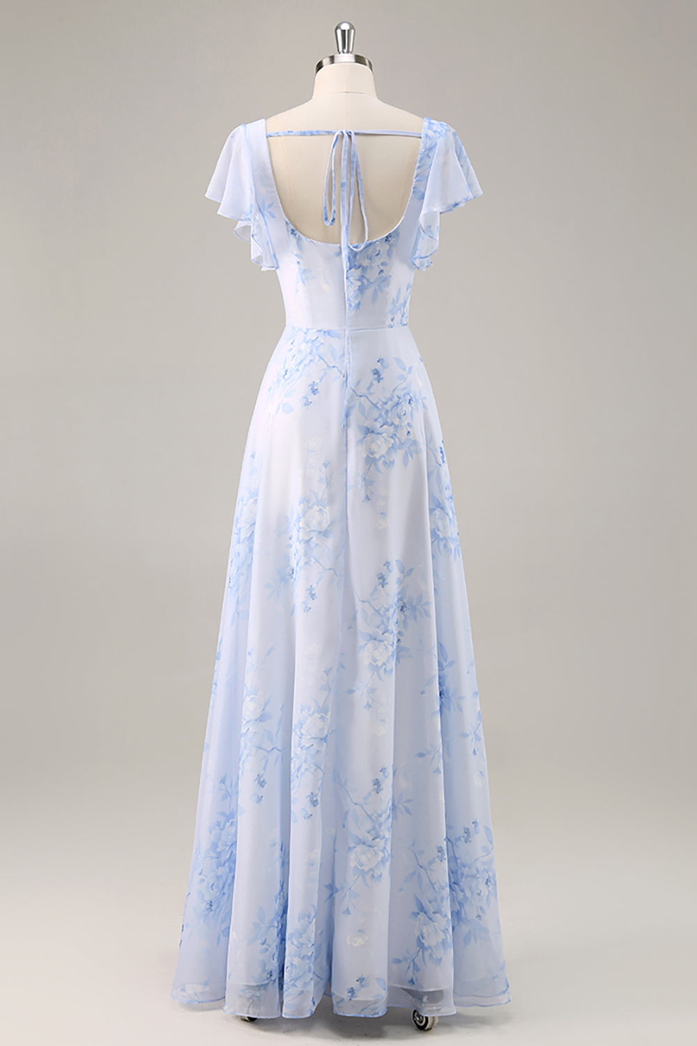 Maxi Blue Chiffon Floral Scoop Neck Ruffled Bridesmaid Dress with Slit
