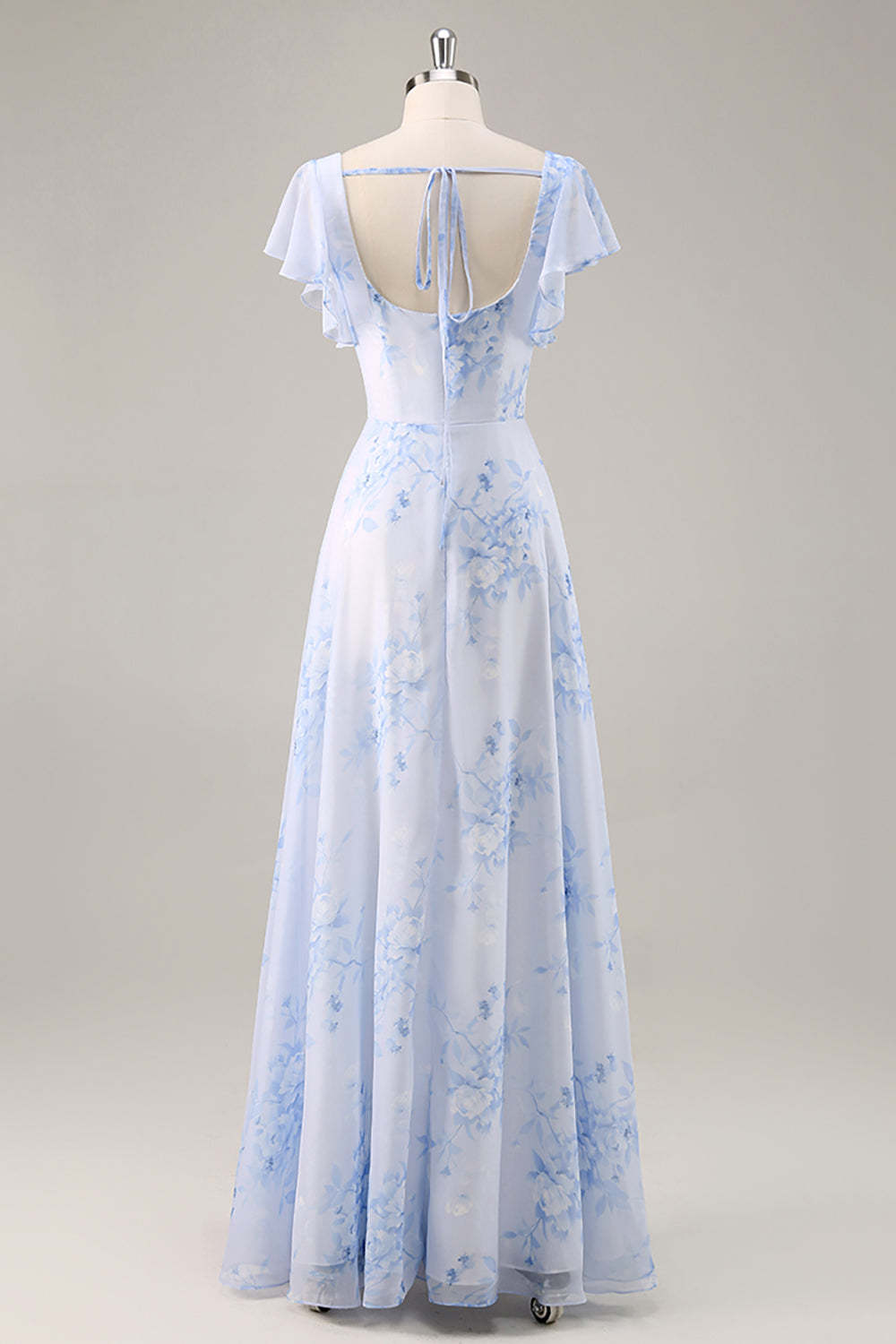 Maxi Blue Chiffon Floral Scoop Neck Ruffled Bridesmaid Dress with Slit