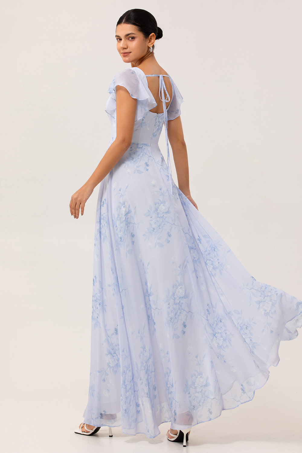 Maxi Blue Chiffon Floral Scoop Neck Ruffled Bridesmaid Dress with Slit
