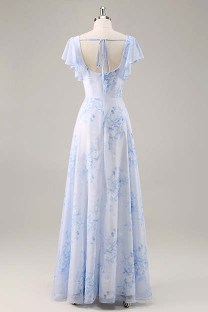 Maxi Blue Chiffon Floral Scoop Neck Ruffled Bridesmaid Dress with Slit