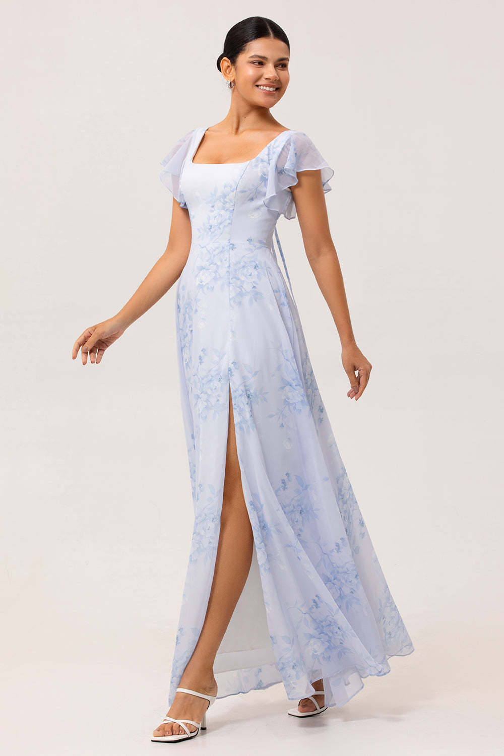 Blue Floral Chiffon Ruffled Square Neck Maxi Bridesmaid Dress with Slit