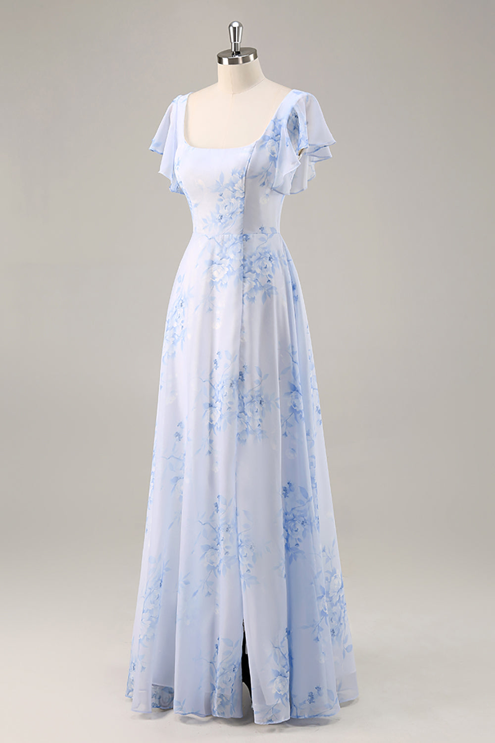 Maxi Blue Chiffon Floral Scoop Neck Ruffled Bridesmaid Dress with Slit