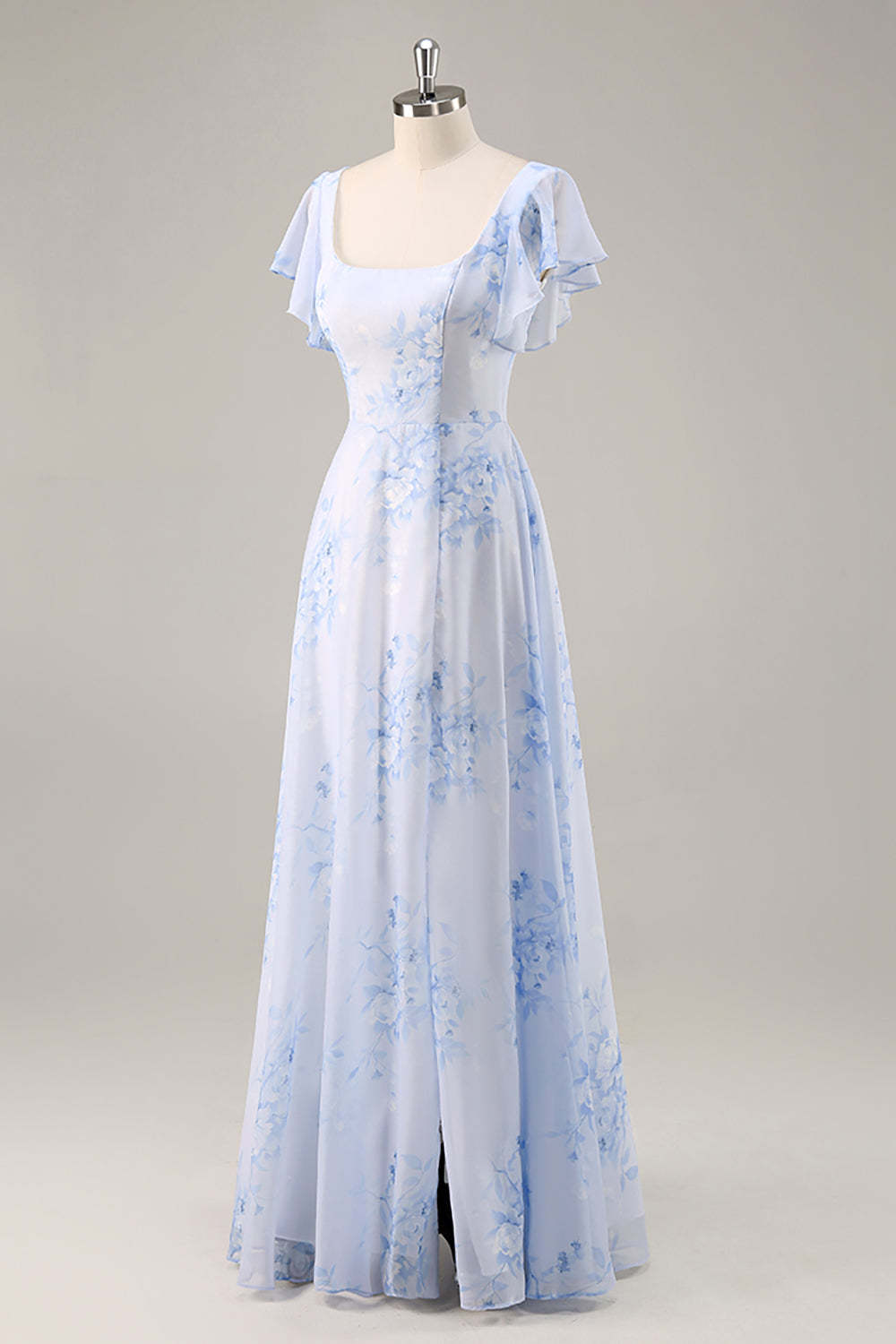 Maxi Blue Chiffon Floral Scoop Neck Ruffled Bridesmaid Dress with Slit