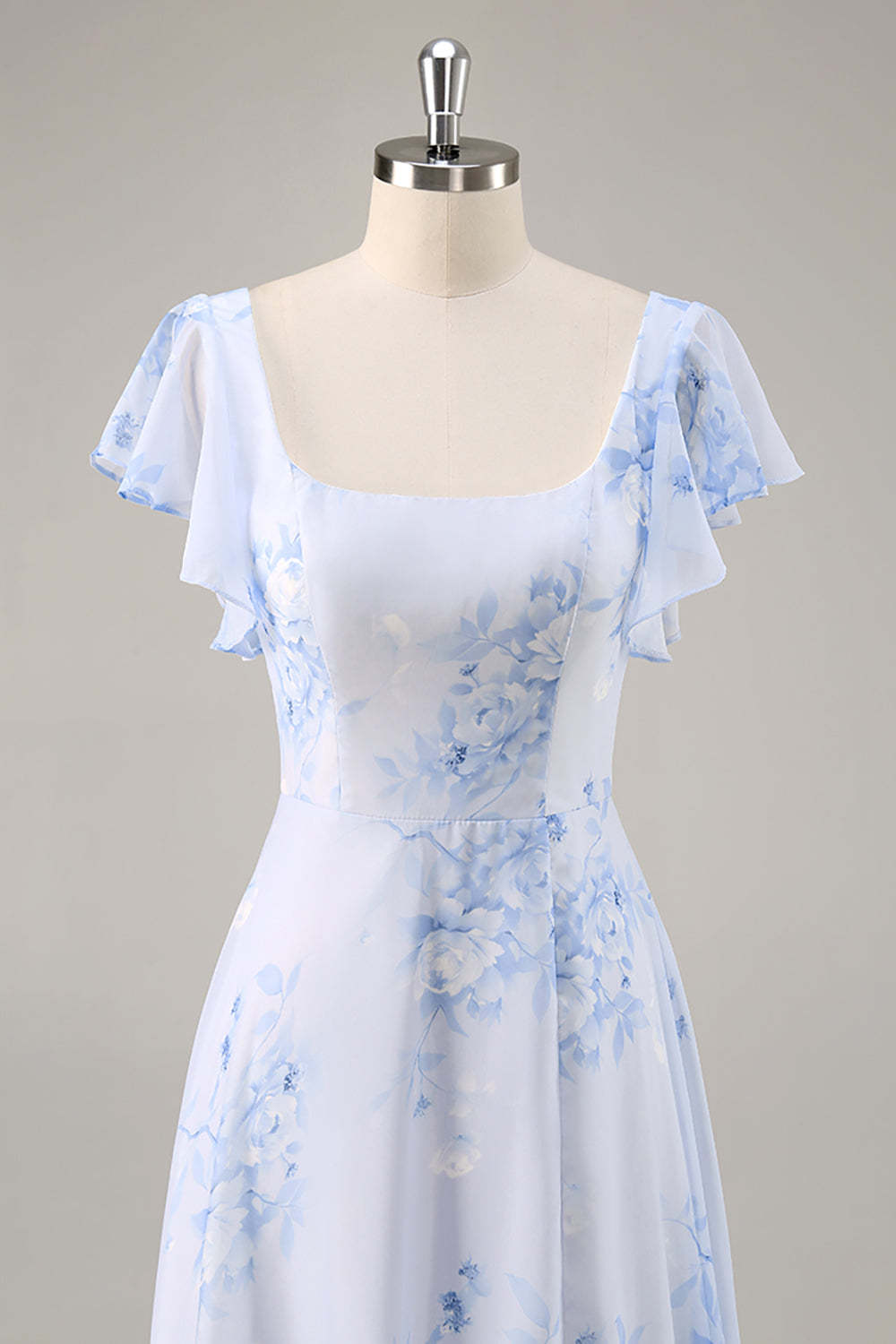 Maxi Blue Chiffon Floral Scoop Neck Ruffled Bridesmaid Dress with Slit
