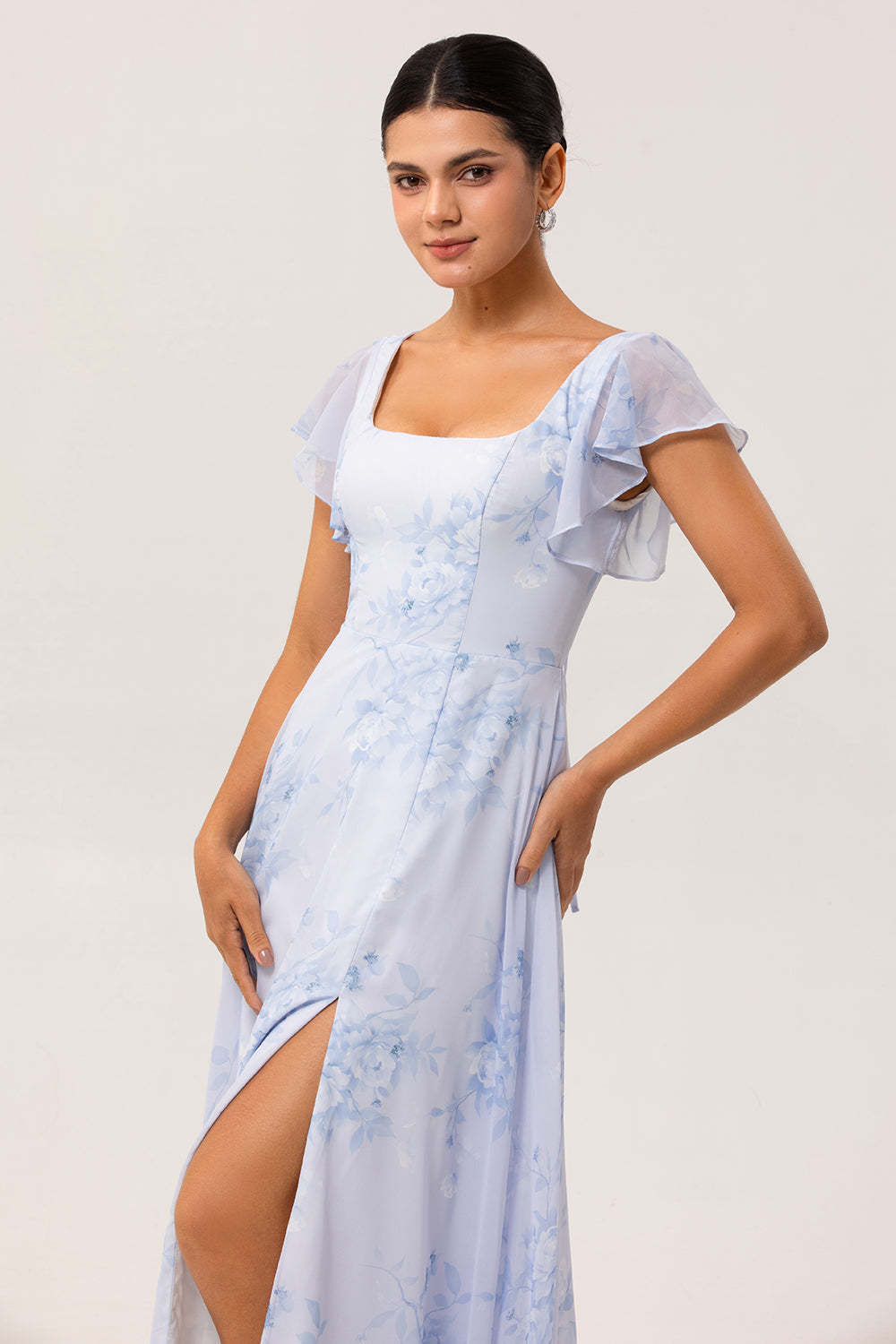Blue Floral Chiffon Ruffled Square Neck Maxi Bridesmaid Dress with Slit