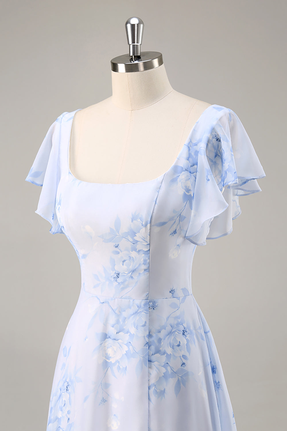 Maxi Blue Chiffon Floral Scoop Neck Ruffled Bridesmaid Dress with Slit
