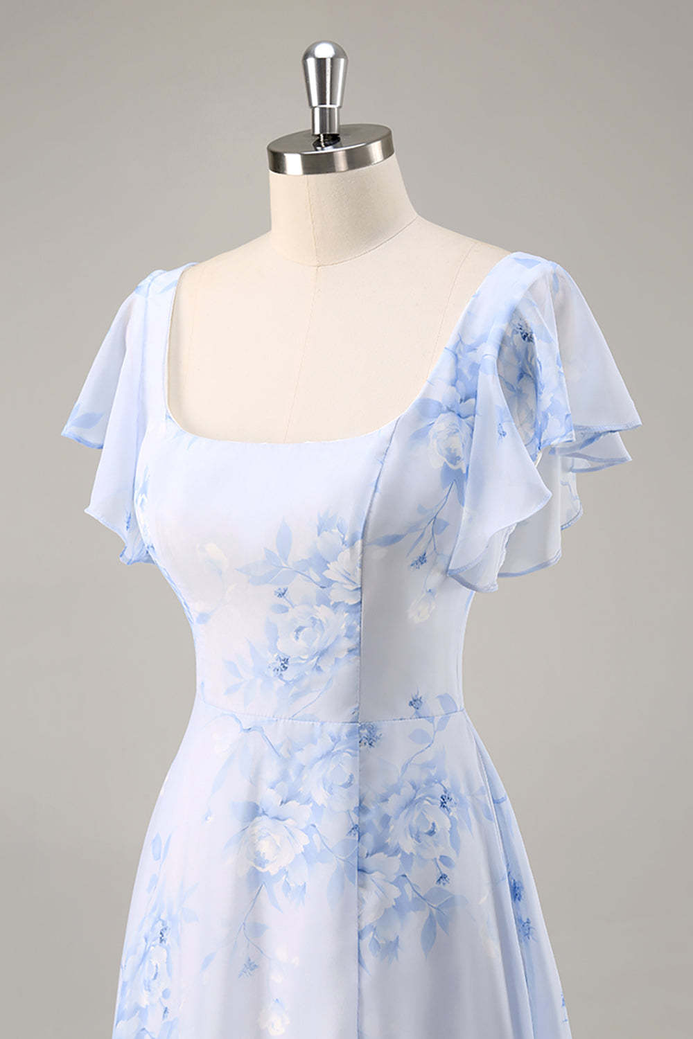 Maxi Blue Chiffon Floral Scoop Neck Ruffled Bridesmaid Dress with Slit