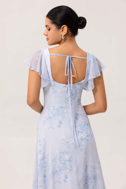 Blue Floral Chiffon Ruffled Square Neck Maxi Bridesmaid Dress with Slit