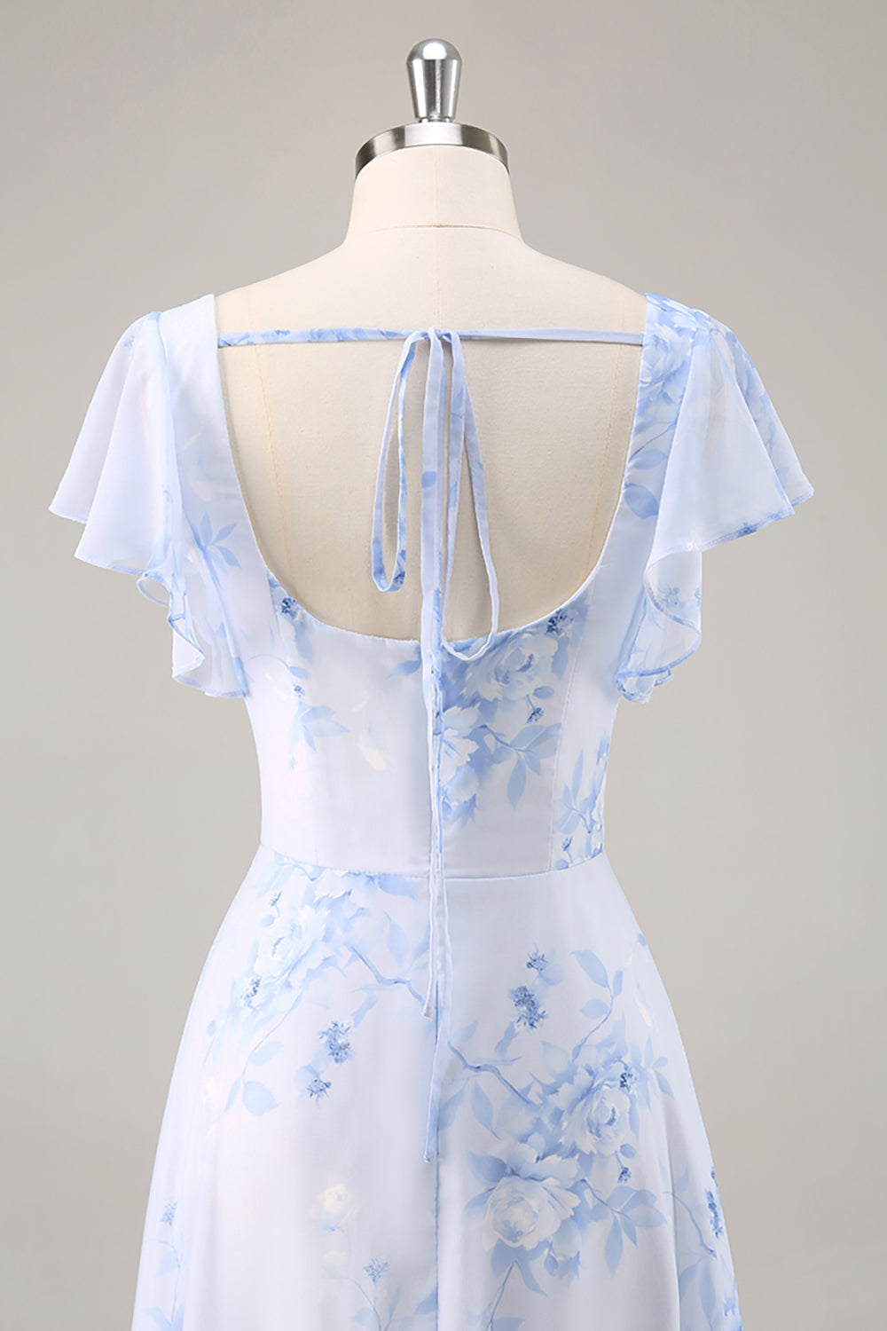 Maxi Blue Chiffon Floral Scoop Neck Ruffled Bridesmaid Dress with Slit