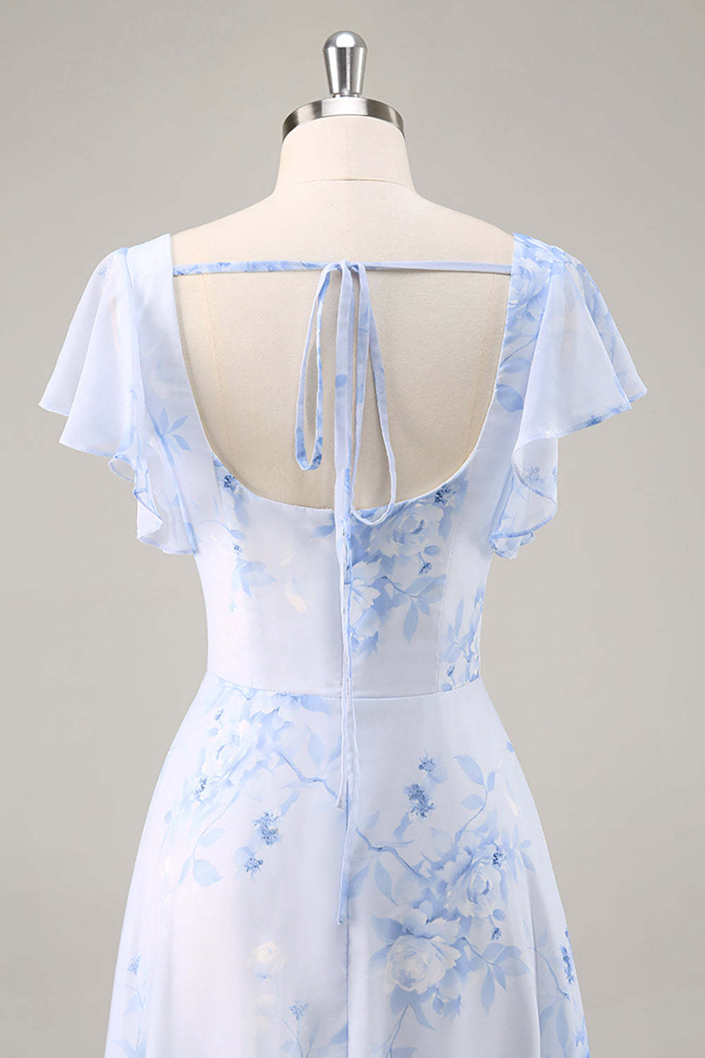 Maxi Blue Chiffon Floral Scoop Neck Ruffled Bridesmaid Dress with Slit