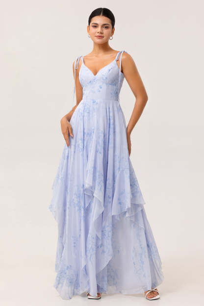 Leely Women Blue Long Chiffon Bridesmaid Dress with Ruffles Floral Spaghetti Straps A Line Summer Wedding Guest Dress