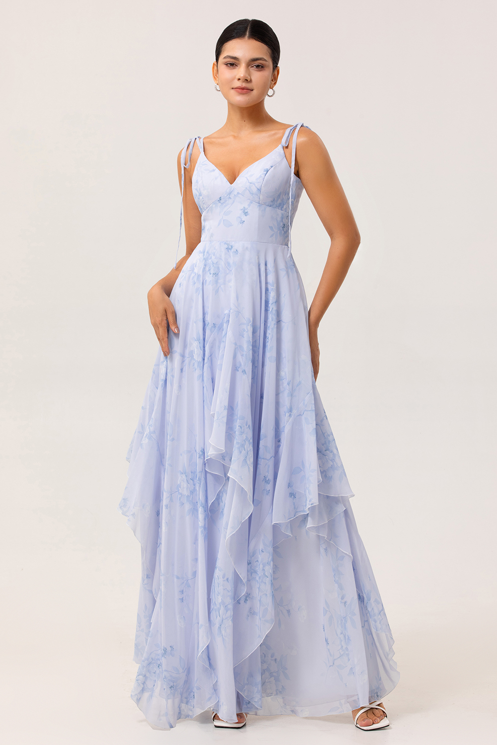 Chiffon Blue Floral Spaghetti Straps Maxi Bridesmaid Dress with Ruffles