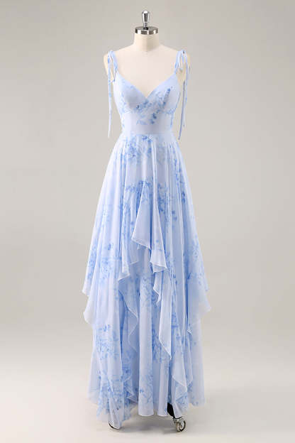 Leely Women Blue Floral Chiffon Maxi Bridesmaid Dress with Ruffles A Line Spaghetti Straps Wedding Guest Dress