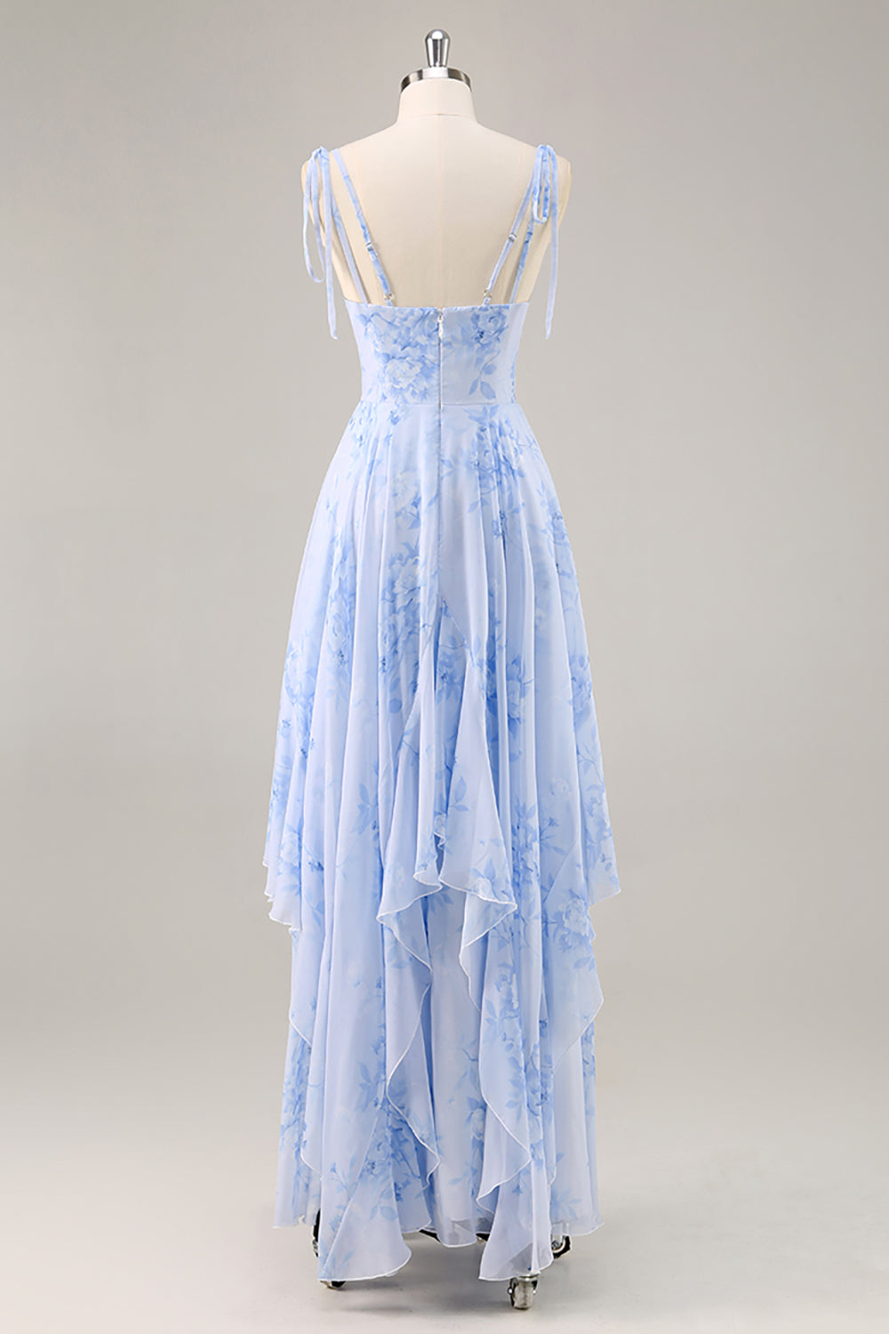 Chiffon Blue Floral Spaghetti Straps Maxi Bridesmaid Dress with Ruffles