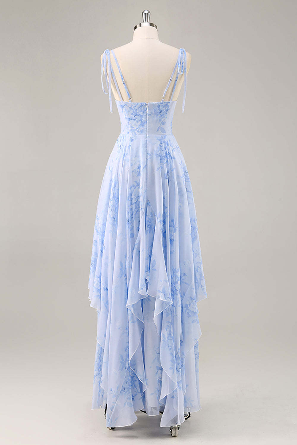 Chiffon Blue Floral Spaghetti Straps Maxi Bridesmaid Dress with Ruffles