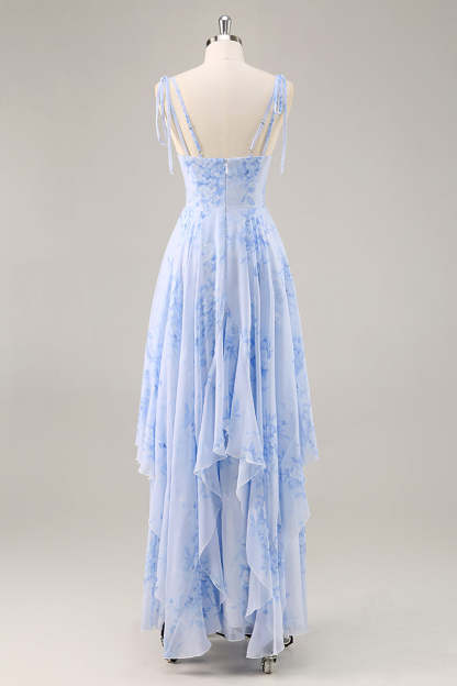 Chiffon Blue Floral Spaghetti Straps Maxi Bridesmaid Dress with Ruffles
