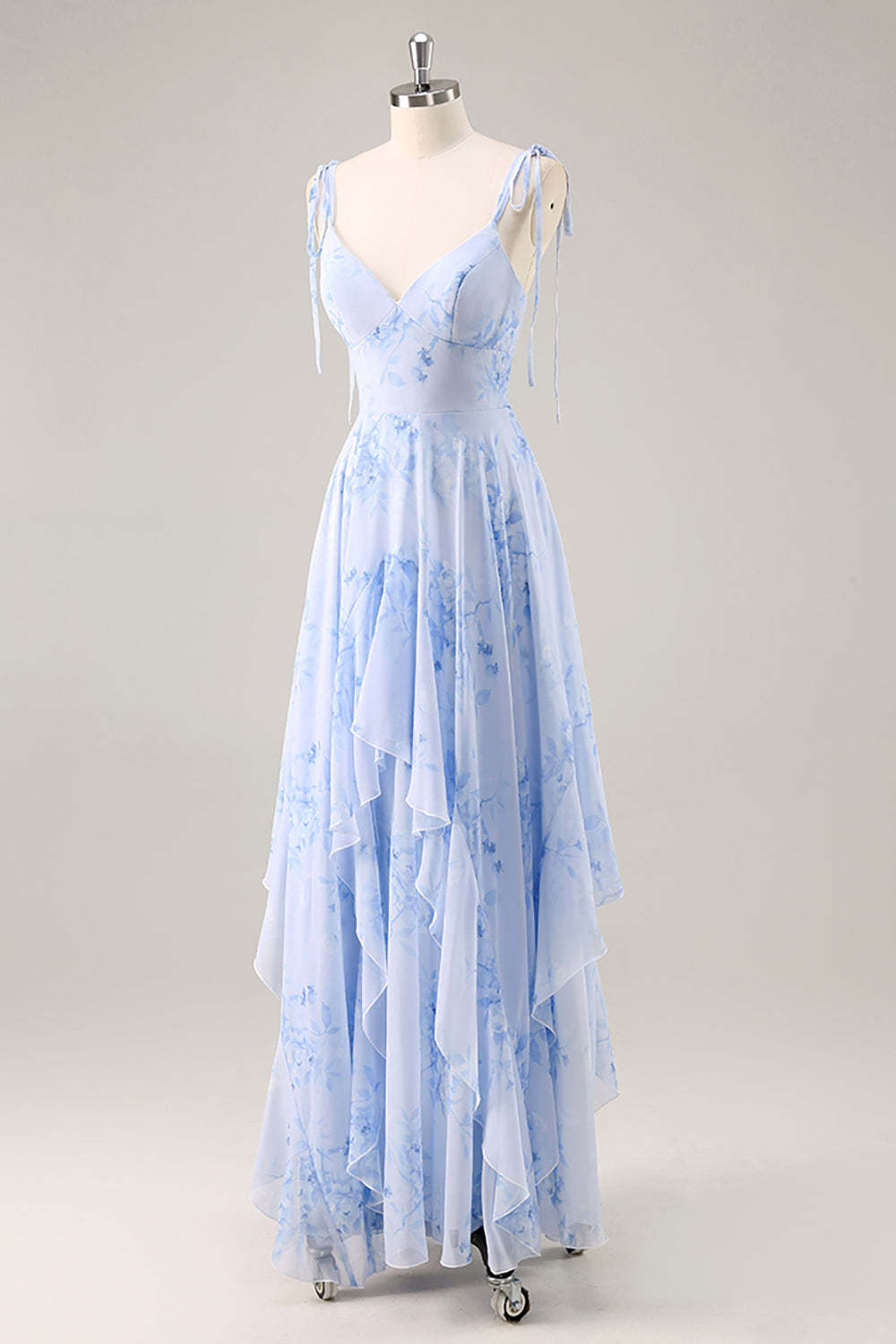 Chiffon Blue Floral Spaghetti Straps Maxi Bridesmaid Dress with Ruffles