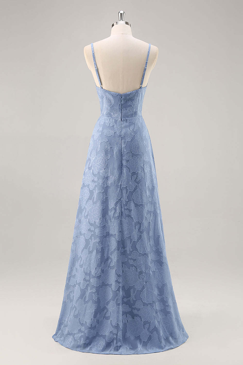 Dusty Blue Floral Lace Spaghetti Straps A Line Maxi Bridesmaid Dress with Slit