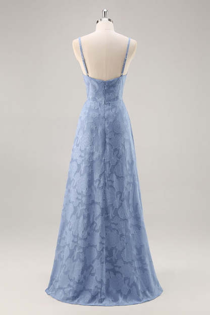 Dusty Blue Floral Lace Spaghetti Straps A Line Maxi Bridesmaid Dress with Slit