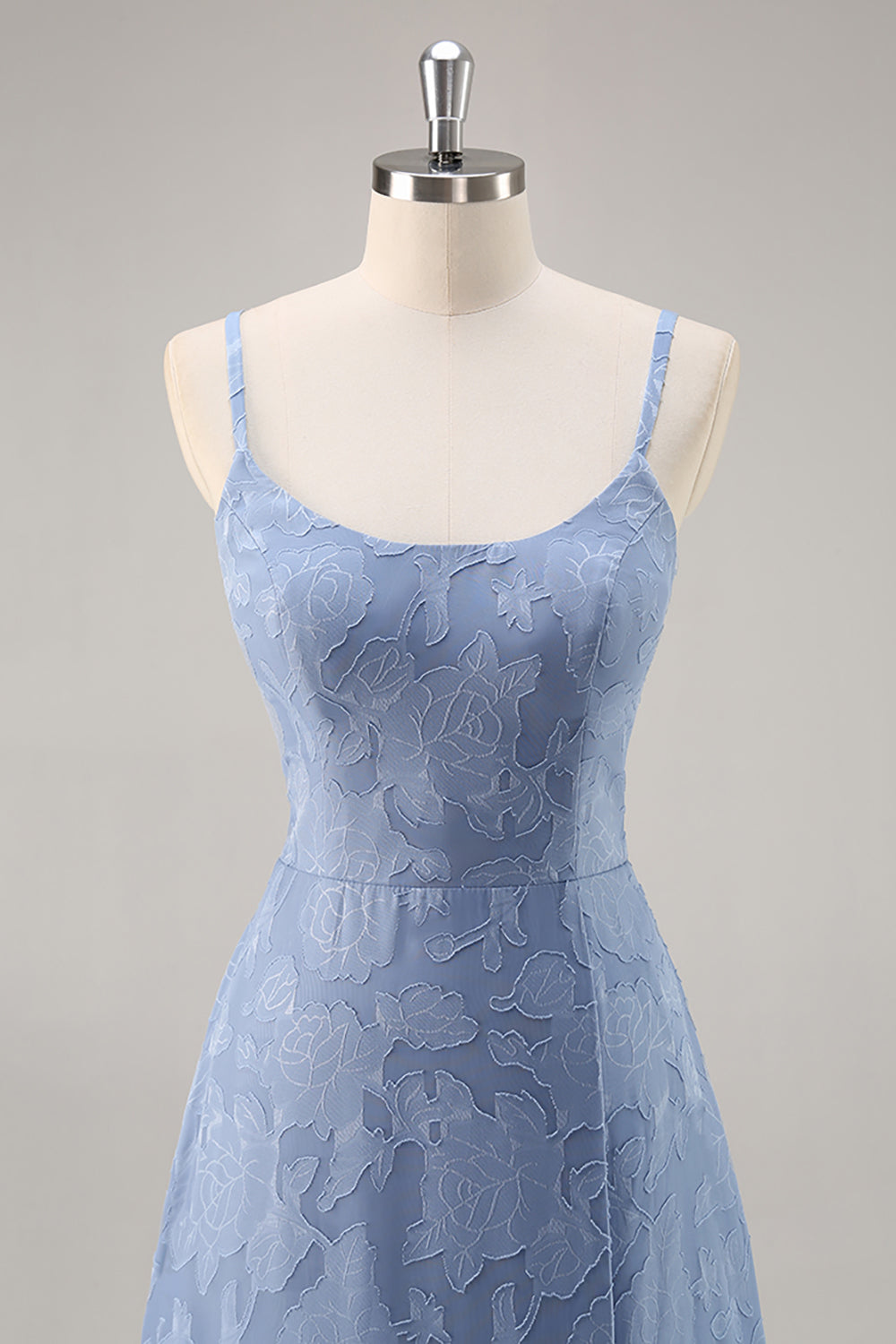 Dusty Blue Floral Lace Spaghetti Straps A Line Maxi Bridesmaid Dress with Slit