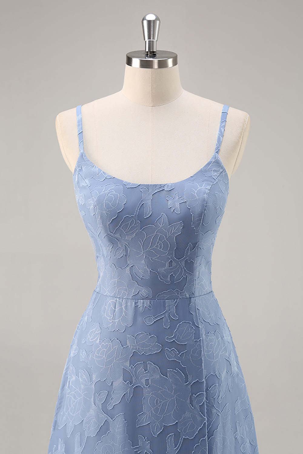 Dusty Blue Floral Lace Spaghetti Straps A Line Maxi Bridesmaid Dress with Slit
