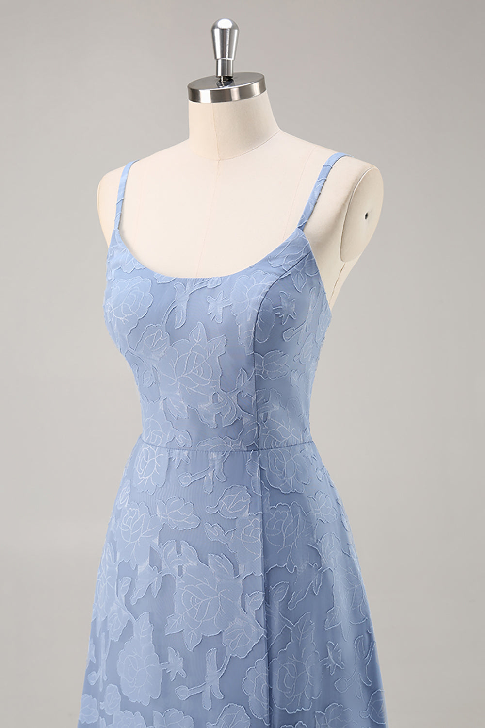 Dusty Blue Floral Lace Spaghetti Straps A Line Maxi Bridesmaid Dress with Slit