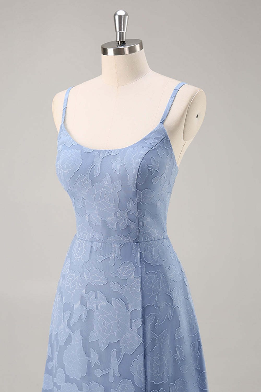 Dusty Blue Floral Lace Spaghetti Straps A Line Maxi Bridesmaid Dress with Slit