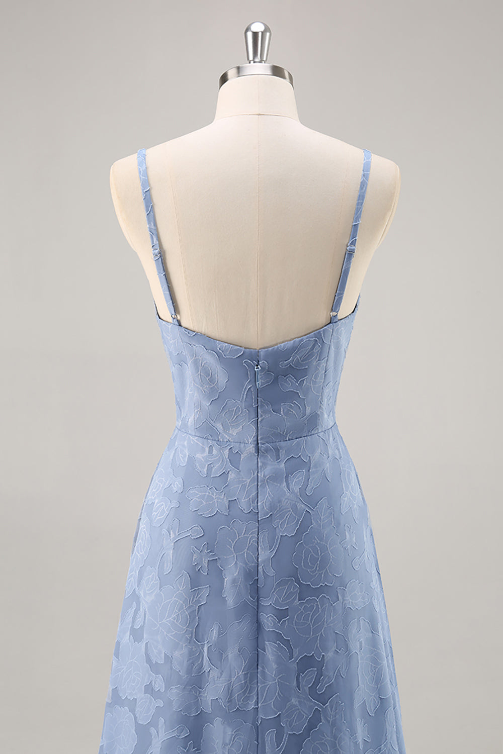 Dusty Blue Floral Lace Spaghetti Straps A Line Maxi Bridesmaid Dress with Slit