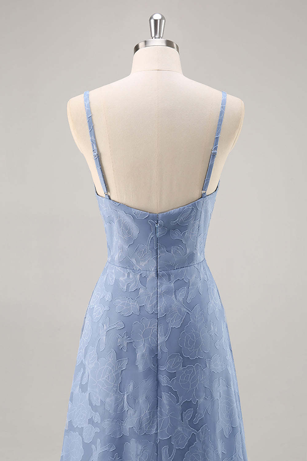 Dusty Blue Floral Lace Spaghetti Straps A Line Maxi Bridesmaid Dress with Slit