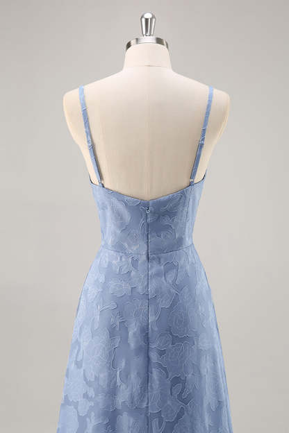 Dusty Blue Floral Lace Spaghetti Straps A Line Maxi Bridesmaid Dress with Slit