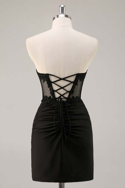 Black Corset Bodycon Ruched Satin Short Homecoming Dress with Lace