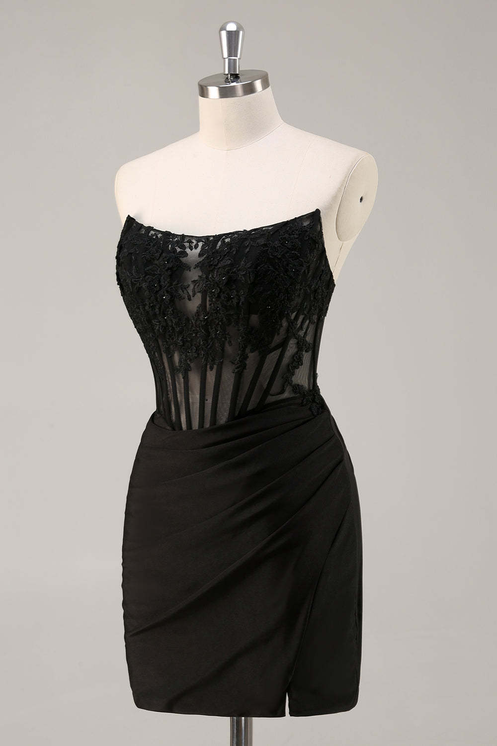 Black Corset Bodycon Ruched Satin Short Homecoming Dress with Lace