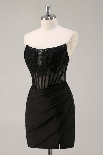 Black Corset Bodycon Ruched Satin Short Homecoming Dress with Lace