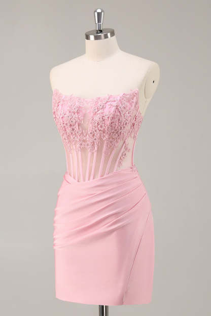 Pink Bodycon Strapless Corset Short Homecoming Dress
