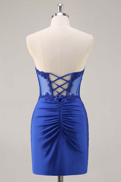 Royal Blue Corset Satin Mini Homecoming Dress with Lace