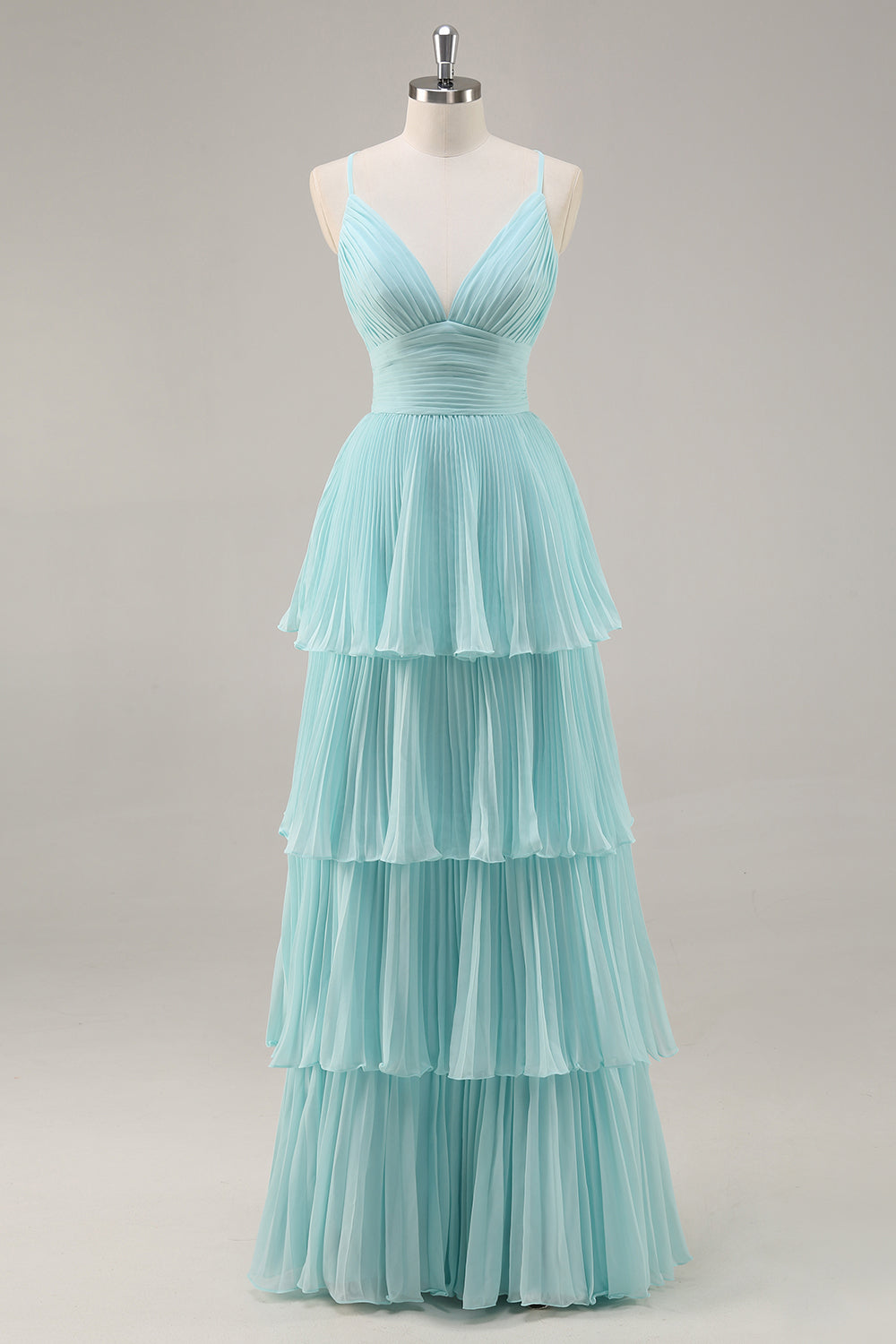 Chiffon A Line Green Tiered Maxi Pleated Prom Dress