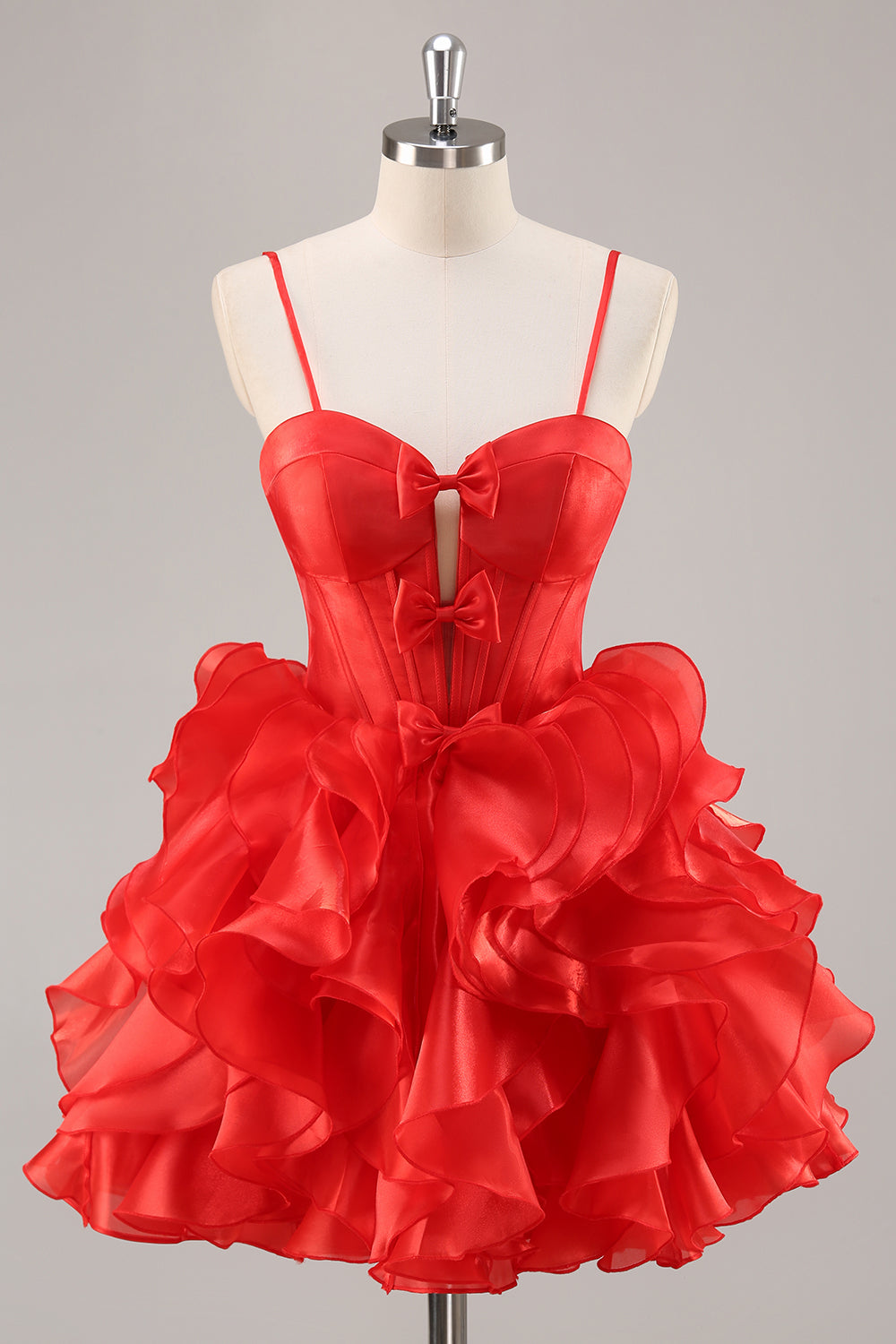 Ruffled Red Organza Corset Short Homecoming Dress with Bows