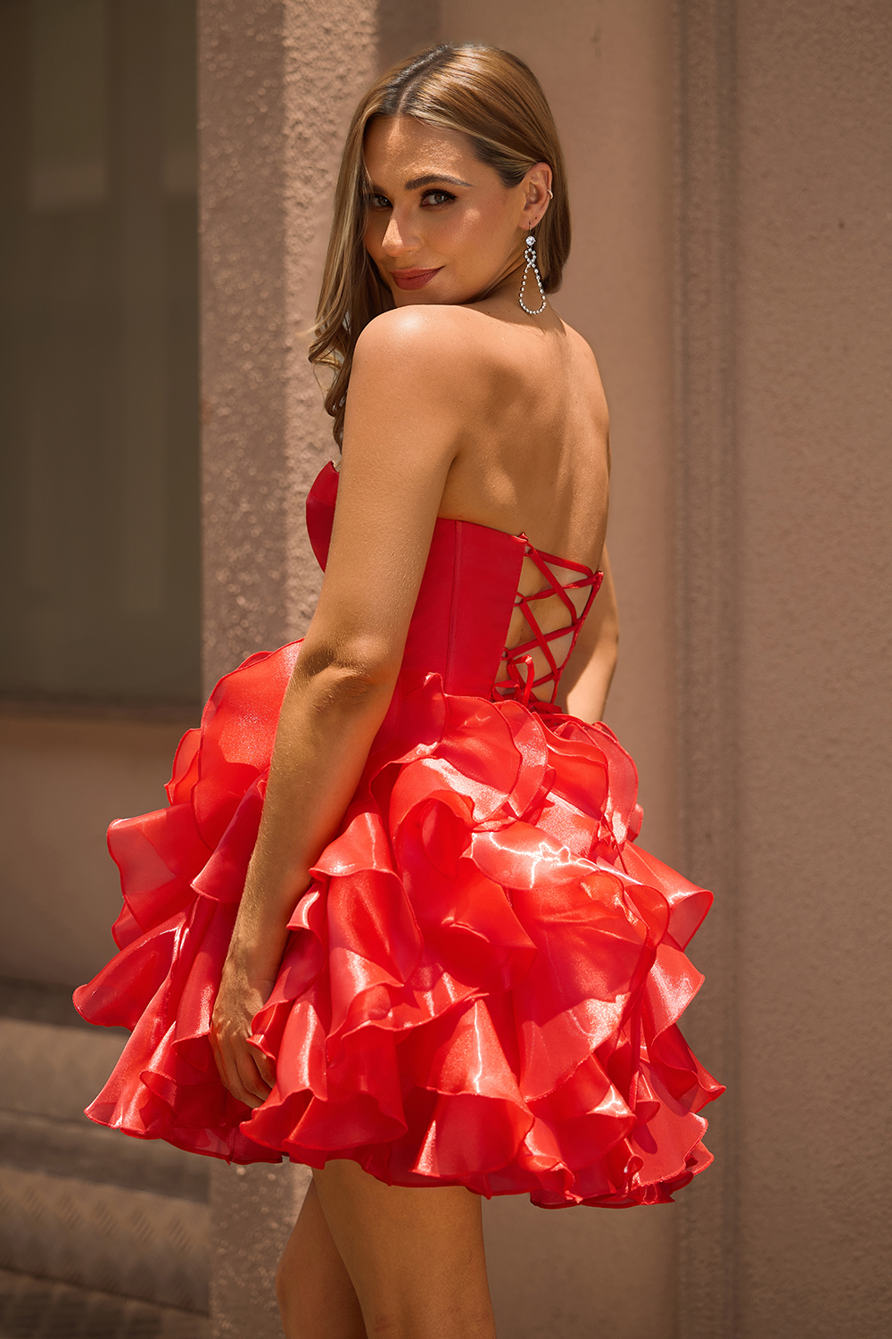 Ruffled Red Organza Corset Short Homecoming Dress with Bows