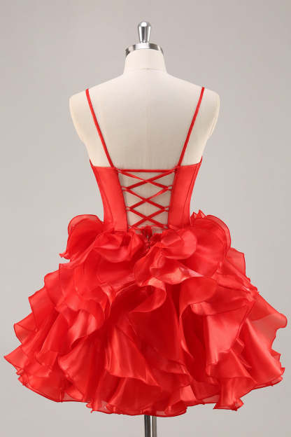 Ruffled Red Organza Corset Short Homecoming Dress with Bows