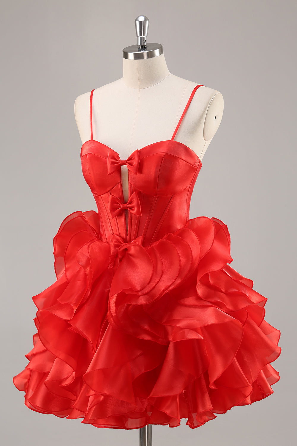 Ruffled Red Organza Corset Short Homecoming Dress with Bows