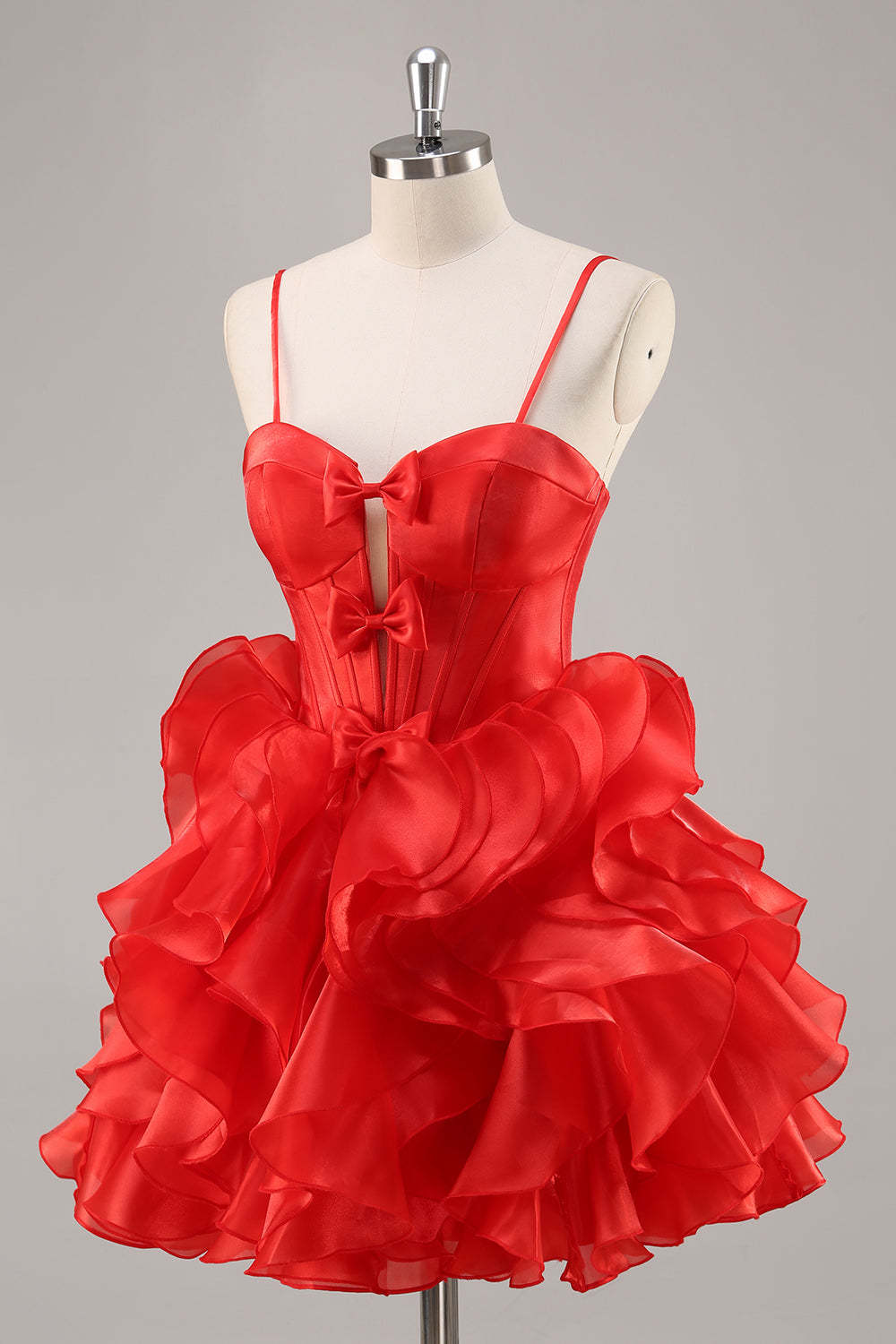 Ruffled Red Organza Corset Short Homecoming Dress with Bows