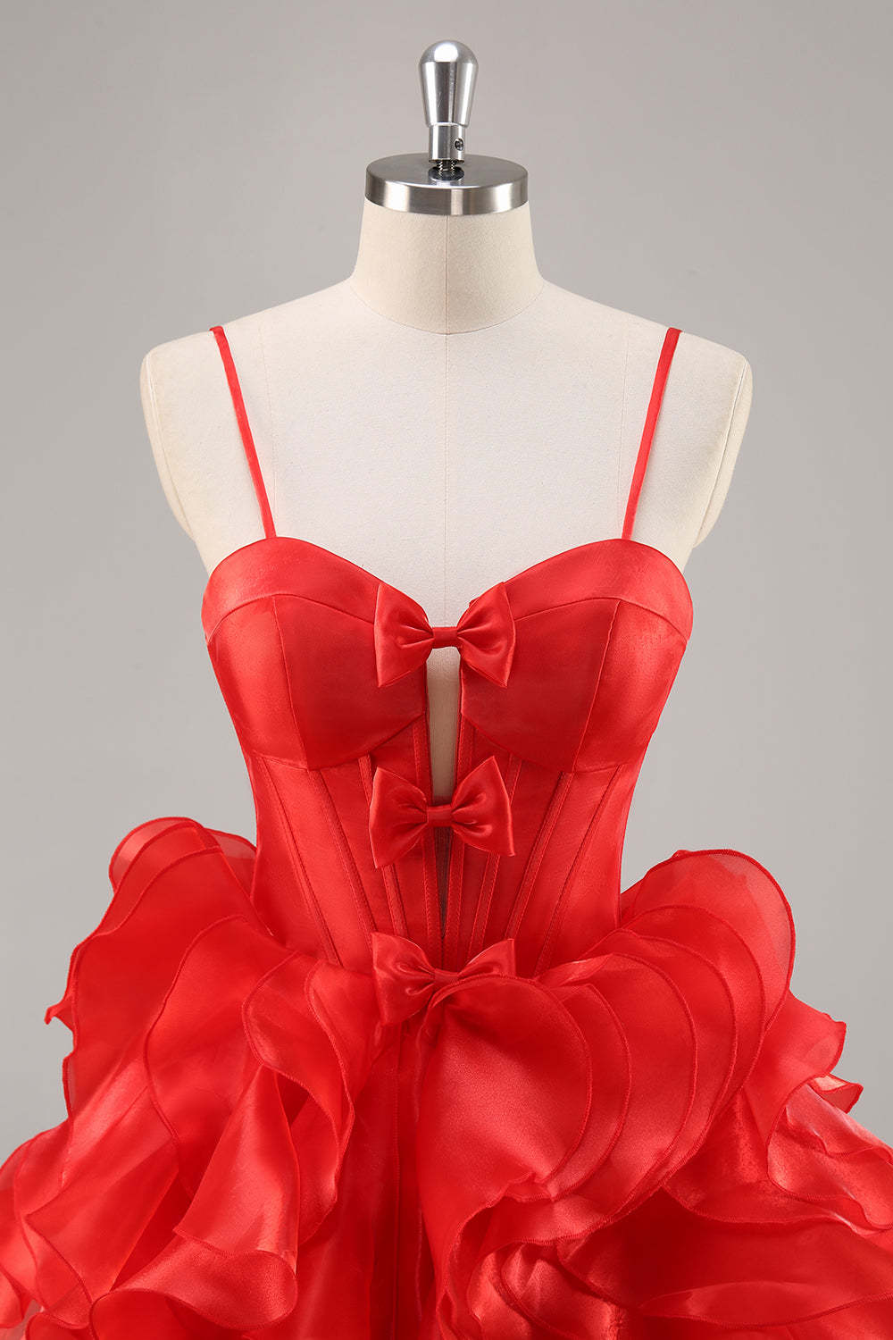 Ruffled Red Organza Corset Short Homecoming Dress with Bows
