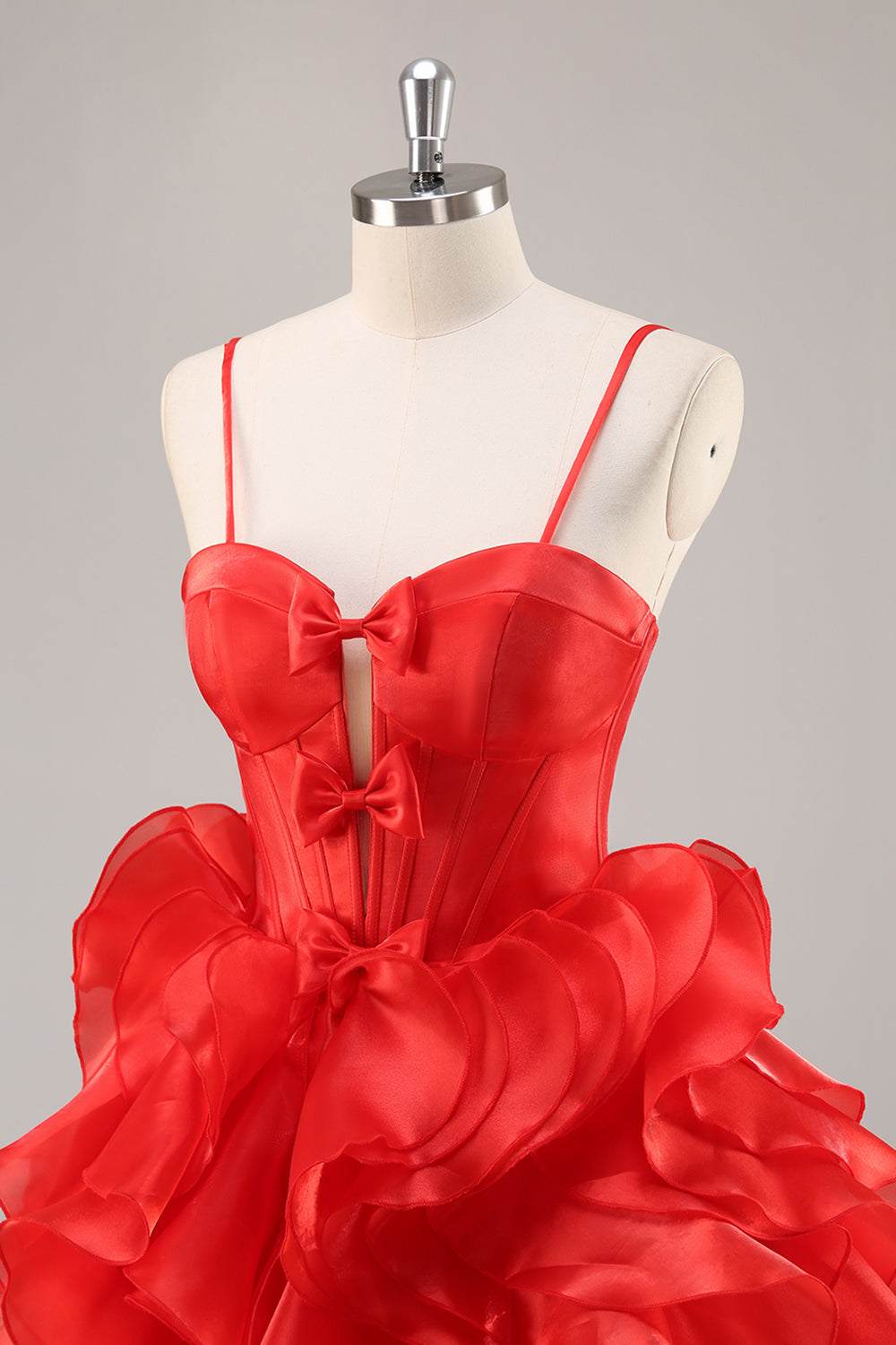 Ruffled Red Organza Corset Short Homecoming Dress with Bows