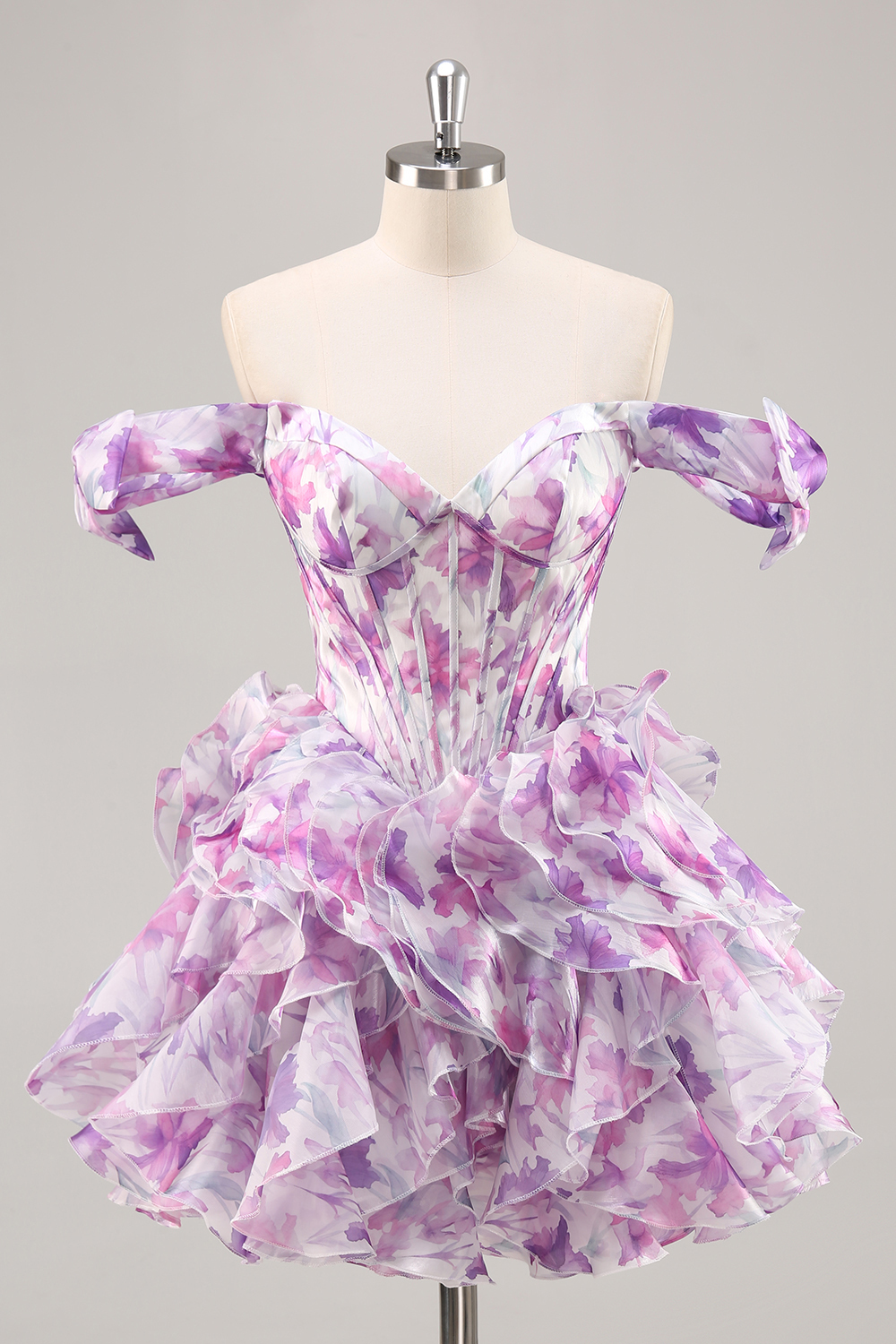 Purple Floral Cold Shoulder Ruffled Chiffon Corset Short Homecoming Dress