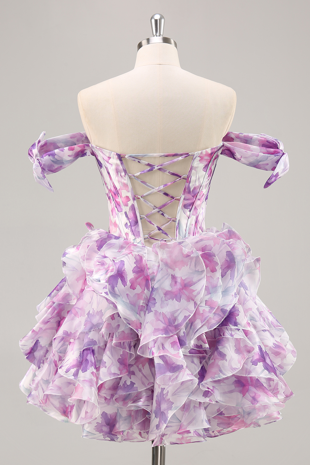 Purple Floral Cold Shoulder Ruffled Chiffon Corset Short Homecoming Dress