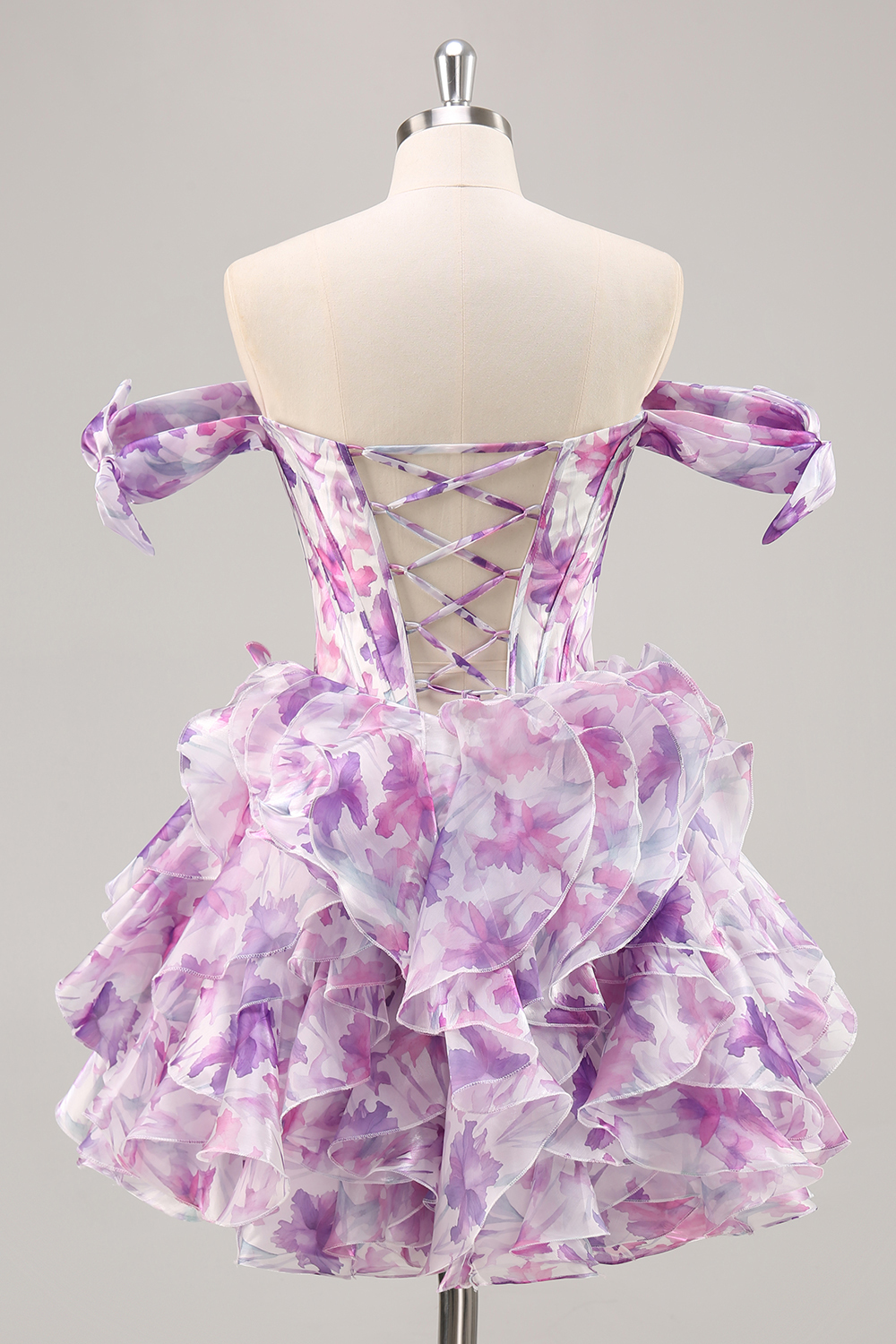 Purple Floral Cold Shoulder Ruffled Chiffon Corset Short Homecoming Dress
